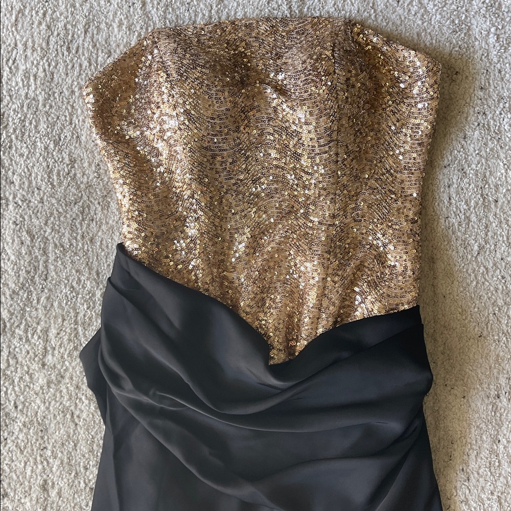 Betsy & Adam Gold Sequin Black Strapless Corset Gathered Draped Maxi Dress - Picture 8 of 13
